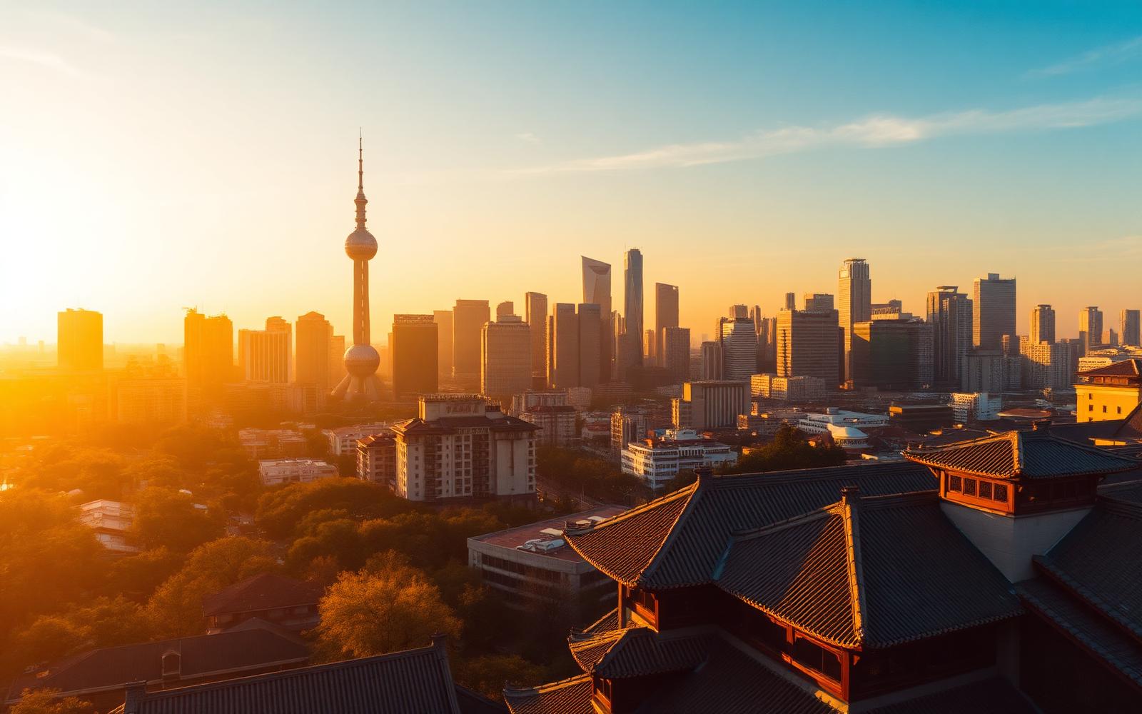 Chinese city skyline at sunset